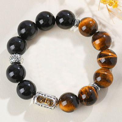 Buddha Stones Natural Silver Sheen Obsidian Tiger Eye Vajra Protection Bracelet