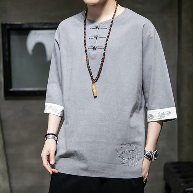 Buddha Stones Summer Embroidery Plain Frog-Button Men's Crew Neck Half Sleeve Cotton Linen Shirt Clothing