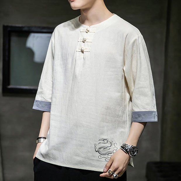 Buddha Stones Summer Embroidery Plain Frog-Button Men's Crew Neck Half Sleeve Cotton Linen Shirt Clothing