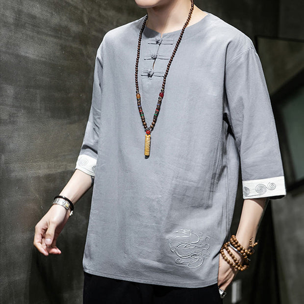 Buddha Stones Summer Embroidery Plain Frog-Button Men's Crew Neck Half Sleeve Cotton Linen Shirt Clothing