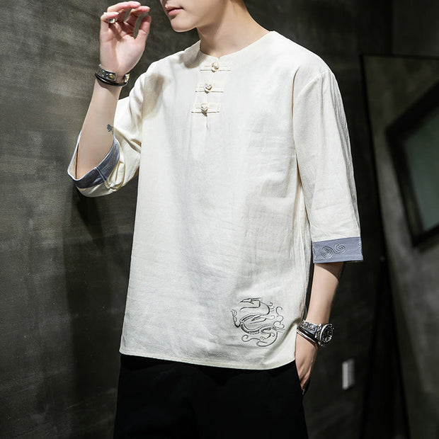Buddha Stones Summer Embroidery Plain Frog-Button Men's Crew Neck Half Sleeve Cotton Linen Shirt Clothing