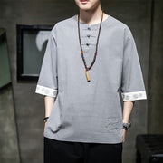 Buddha Stones Summer Embroidery Plain Frog-Button Men's Crew Neck Half Sleeve Cotton Linen Shirt Clothing