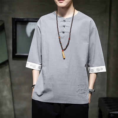 Buddha Stones Summer Embroidery Plain Frog-Button Men's Crew Neck Half Sleeve Cotton Linen Shirt Clothing