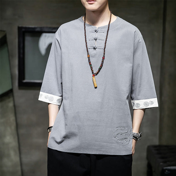 Buddha Stones Summer Embroidery Plain Frog-Button Men's Crew Neck Half Sleeve Cotton Linen Shirt Clothing