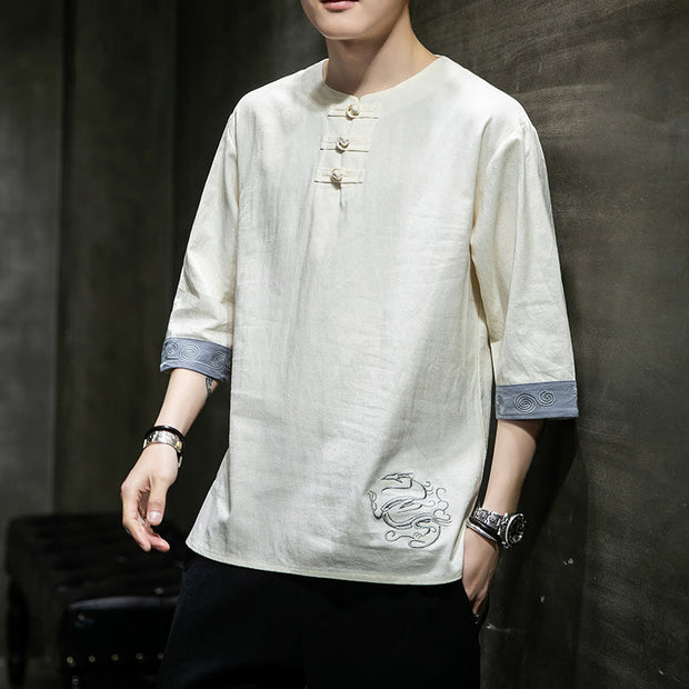 Buddha Stones Summer Embroidery Plain Frog-Button Men's Crew Neck Half Sleeve Cotton Linen Shirt Clothing