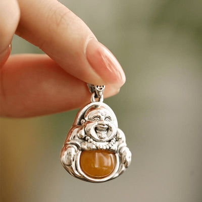 Buddha Stones Copper Laughing Buddha Pattern Amber Luck Necklace Pendant