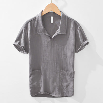 Buddha Stones Vintage Plain Simple Design Men's Short Sleeve Cotton Linen Shirt Clothing With Pockets