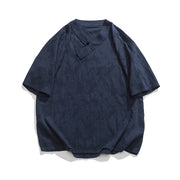Buddha Stones Ethnic Distressed Jacquard Frog-Button Men's Stand Collar Half Sleeve Cotton Linen Shirt Tai Chi Clothes