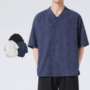 Buddha Stones Ethnic Distressed Jacquard Frog-Button Men's Stand Collar Half Sleeve Cotton Linen Shirt Tai Chi Clothes