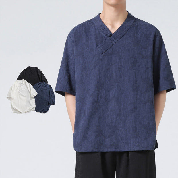Buddha Stones Ethnic Distressed Jacquard Frog-Button Men's Stand Collar Half Sleeve Cotton Linen Shirt Tai Chi Clothes
