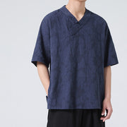 Buddha Stones Ethnic Distressed Jacquard Frog-Button Men's Stand Collar Half Sleeve Cotton Linen Shirt Tai Chi Clothes