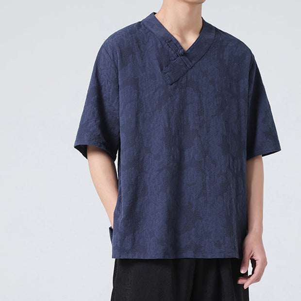 Buddha Stones Ethnic Distressed Jacquard Frog-Button Men's Stand Collar Half Sleeve Cotton Linen Shirt Tai Chi Clothes