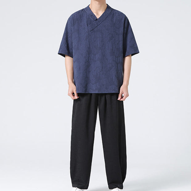 Buddha Stones Ethnic Distressed Jacquard Frog-Button Men's Stand Collar Half Sleeve Cotton Linen Shirt Tai Chi Clothes