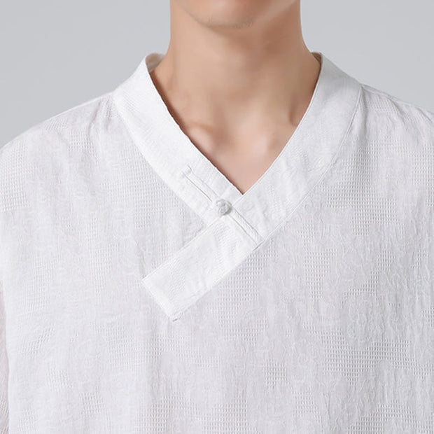 Buddha Stones Ethnic Distressed Jacquard Frog-Button Men's Stand Collar Half Sleeve Cotton Linen Shirt Tai Chi Clothes