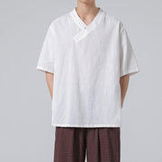 Buddha Stones Ethnic Distressed Jacquard Frog-Button Men's Stand Collar Half Sleeve Cotton Linen Shirt Tai Chi Clothes
