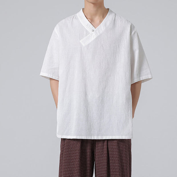 Buddha Stones Ethnic Distressed Jacquard Frog-Button Men's Stand Collar Half Sleeve Cotton Linen Shirt Tai Chi Clothes