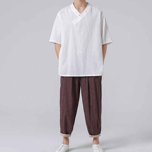 Buddha Stones Ethnic Distressed Jacquard Frog-Button Men's Stand Collar Half Sleeve Cotton Linen Shirt Tai Chi Clothes
