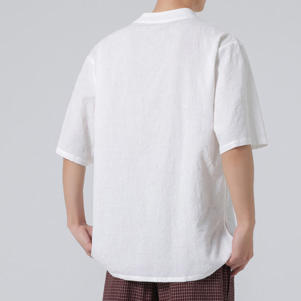 Buddha Stones Ethnic Distressed Jacquard Frog-Button Men's Stand Collar Half Sleeve Cotton Linen Shirt Tai Chi Clothes