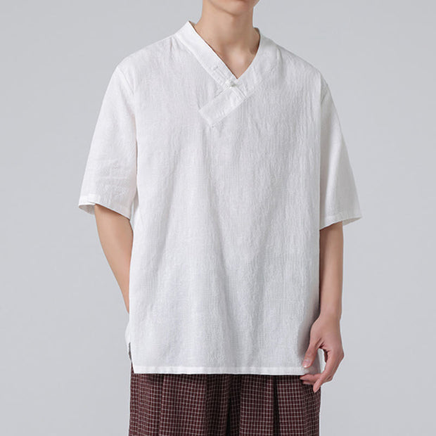 Buddha Stones Ethnic Distressed Jacquard Frog-Button Men's Stand Collar Half Sleeve Cotton Linen Shirt Tai Chi Clothes