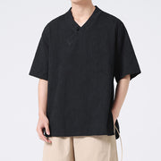Buddha Stones Ethnic Distressed Jacquard Frog-Button Men's Stand Collar Half Sleeve Cotton Linen Shirt Tai Chi Clothes