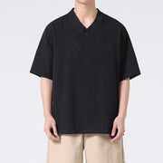 Buddha Stones Ethnic Distressed Jacquard Frog-Button Men's Stand Collar Half Sleeve Cotton Linen Shirt Tai Chi Clothes
