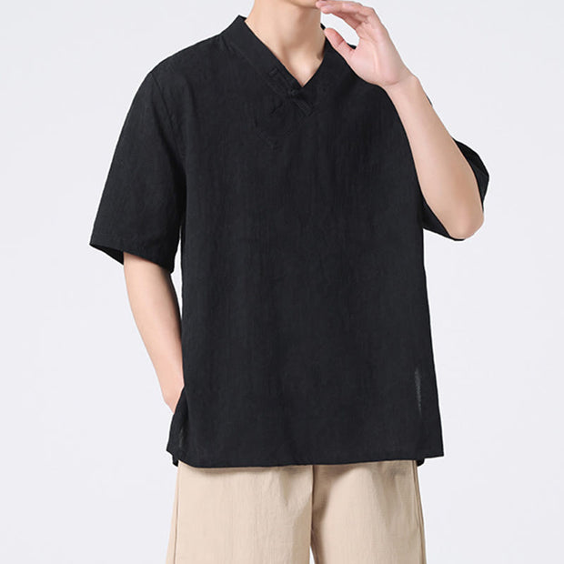 Buddha Stones Ethnic Distressed Jacquard Frog-Button Men's Stand Collar Half Sleeve Cotton Linen Shirt Tai Chi Clothes