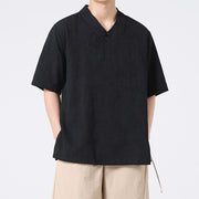 Buddha Stones Ethnic Distressed Jacquard Frog-Button Men's Stand Collar Half Sleeve Cotton Linen Shirt Tai Chi Clothes