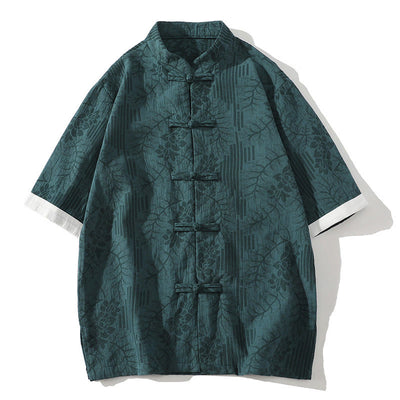 Buddha Stones Casual Summer Jacquard Floral Pattern Frog-Button Men's Stand Collar Contrasting Color Half Sleeve Cotton Cardigan Shirt