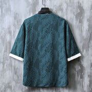 Buddha Stones Casual Retro Jacquard Chinese Frog-Button Design Men's Crew Neck Half Sleeve Cotton Shirt