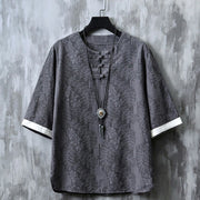 Buddha Stones Casual Retro Jacquard Chinese Frog-Button Design Men's Crew Neck Half Sleeve Cotton Shirt