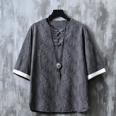 Buddha Stones Casual Retro Jacquard Chinese Frog-Button Design Men's Crew Neck Half Sleeve Cotton Shirt