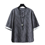 Buddha Stones Casual Retro Jacquard Chinese Frog-Button Design Men's Crew Neck Half Sleeve Cotton Shirt