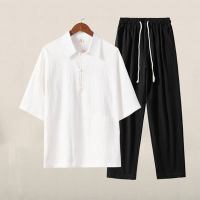 Buddha Stones Casual 2Pcs Pure Color Half Button Design Shirt Drawstring Pants Men's Cotton Linen Meditation Cloth Set With Pockets