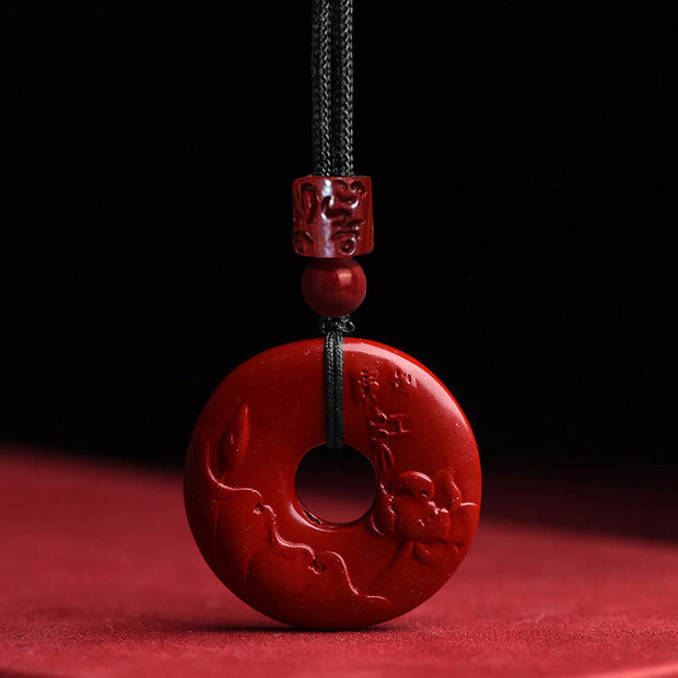 Buddha Stones Natural Cinnabar Lotus Peace Buckle Blessing Necklace String Pendant