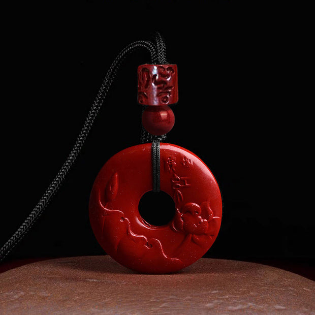 Buddha Stones Natural Cinnabar Lotus Peace Buckle Blessing Necklace String Pendant