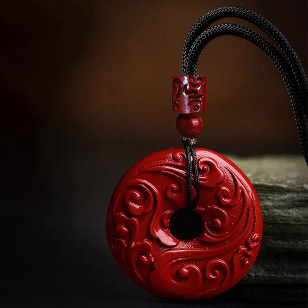 Buddha Stones Natural Cinnabar Lotus Peace Buckle Blessing Necklace String Pendant