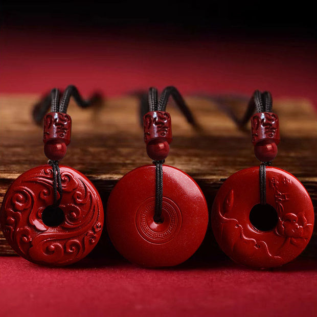 Buddha Stones Natural Cinnabar Lotus Peace Buckle Blessing Necklace String Pendant
