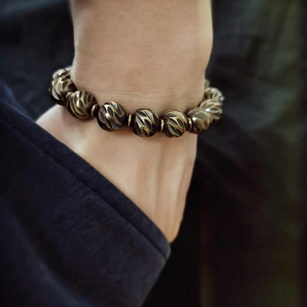 Buddha Stones Vintage Distressed Knife Carving Pattern Copper Brass Beads Wealth Bracelet
