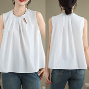 Buddha Stones Summer Solid Color Pleated Design Halter Neck Sleeveless Cotton Linen Women's Vest