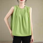 Buddha Stones Summer Solid Color Pleated Design Halter Neck Sleeveless Cotton Linen Women's Vest