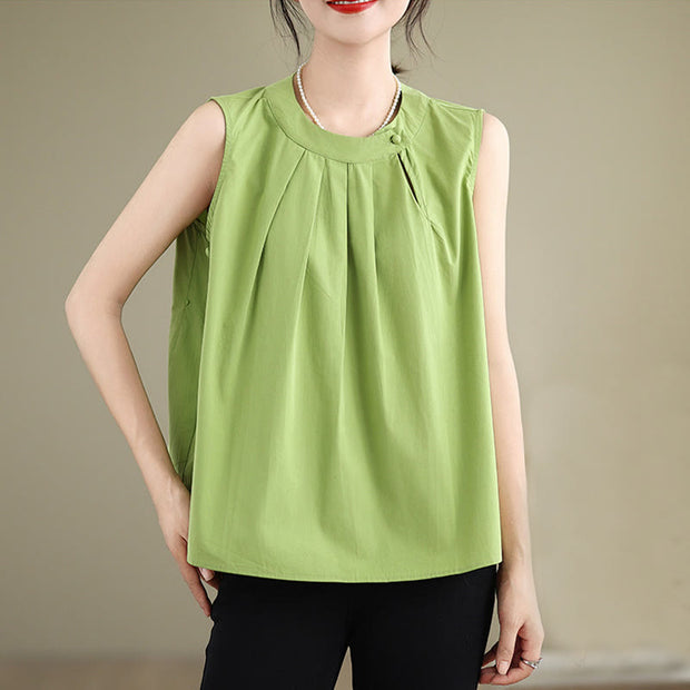 Buddha Stones Summer Solid Color Pleated Design Halter Neck Sleeveless Cotton Linen Women's Vest