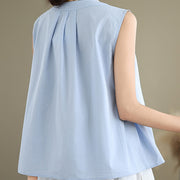 Buddha Stones Summer Solid Color Pleated Design Halter Neck Sleeveless Cotton Linen Women's Vest