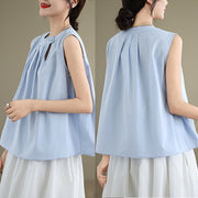 Buddha Stones Summer Solid Color Pleated Design Halter Neck Sleeveless Cotton Linen Women's Vest