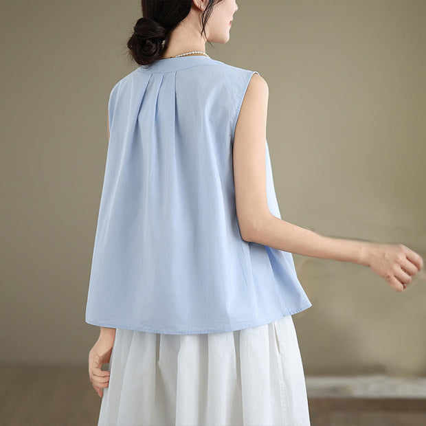 Buddha Stones Summer Solid Color Pleated Design Halter Neck Sleeveless Cotton Linen Women's Vest