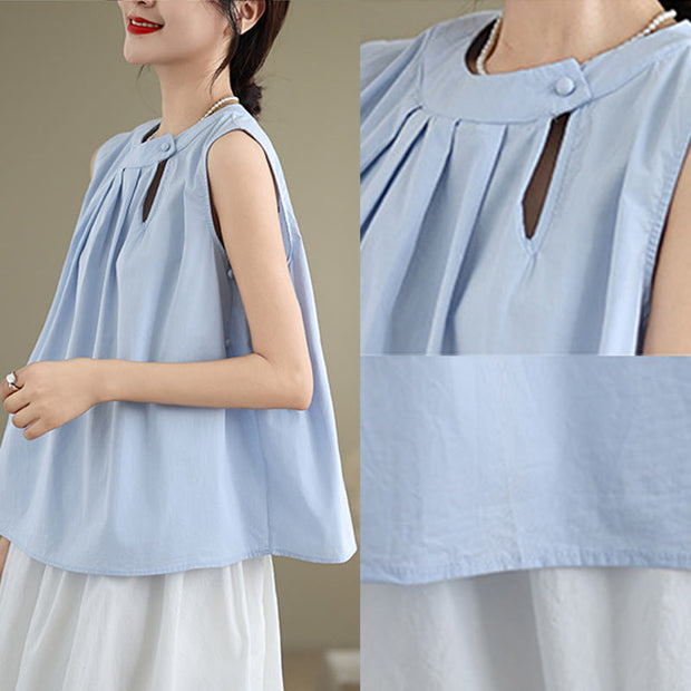 Buddha Stones Summer Solid Color Pleated Design Halter Neck Sleeveless Cotton Linen Women's Vest