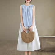Buddha Stones Summer Solid Color Pleated Design Halter Neck Sleeveless Cotton Linen Women's Vest