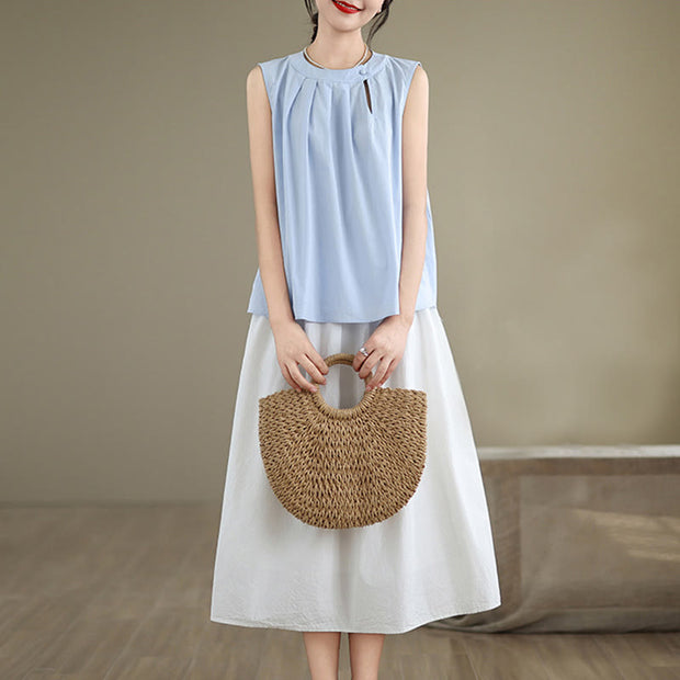 Buddha Stones Summer Solid Color Pleated Design Halter Neck Sleeveless Cotton Linen Women's Vest