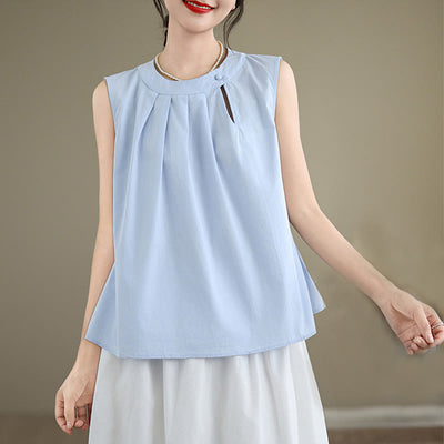 Buddha Stones Summer Solid Color Pleated Design Halter Neck Sleeveless Cotton Linen Women's Vest