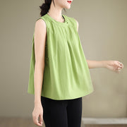 Buddha Stones Summer Solid Color Pleated Design Halter Neck Sleeveless Cotton Linen Women's Vest