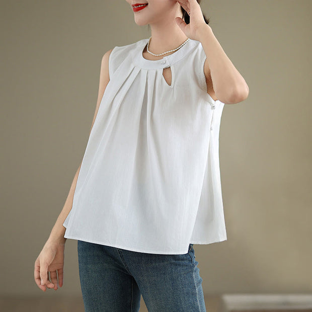Buddha Stones Summer Solid Color Pleated Design Halter Neck Sleeveless Cotton Linen Women's Vest